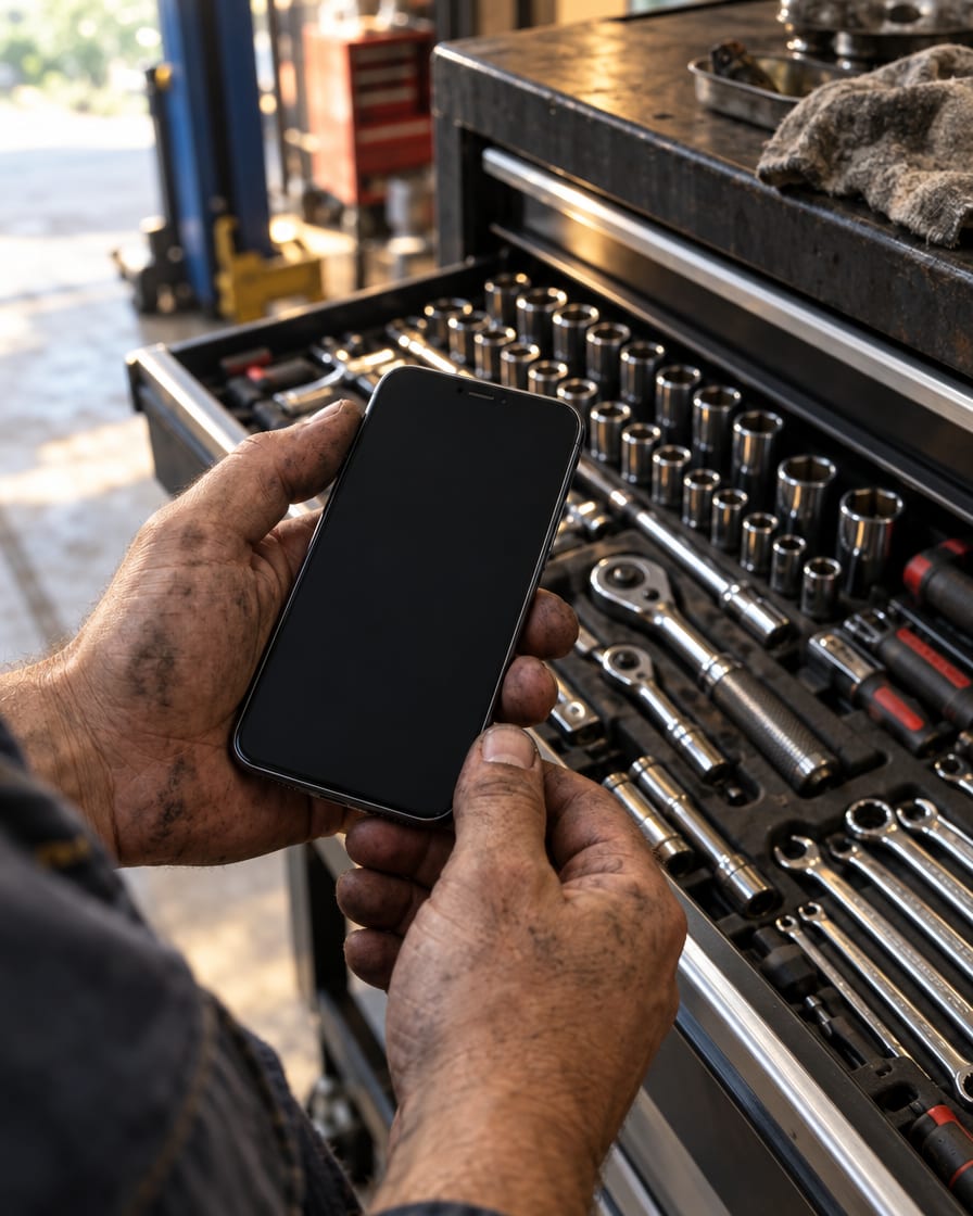 A mechanic's hands holding a phone in front of an open drawer of sockets and ratchets